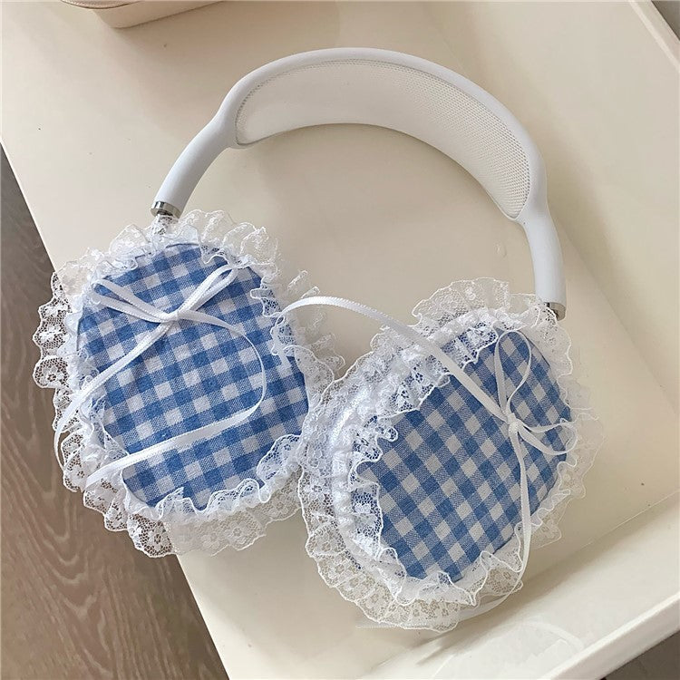 1Pair For AirPods Max Shockproof Case Fabric+TPU Headset Protector Grids Pattern Lace-Edge Design - Blue