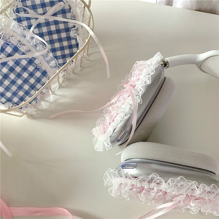 1Pair For AirPods Max Shockproof Case Fabric+TPU Headset Protector Grids Pattern Lace-Edge Design - Blue