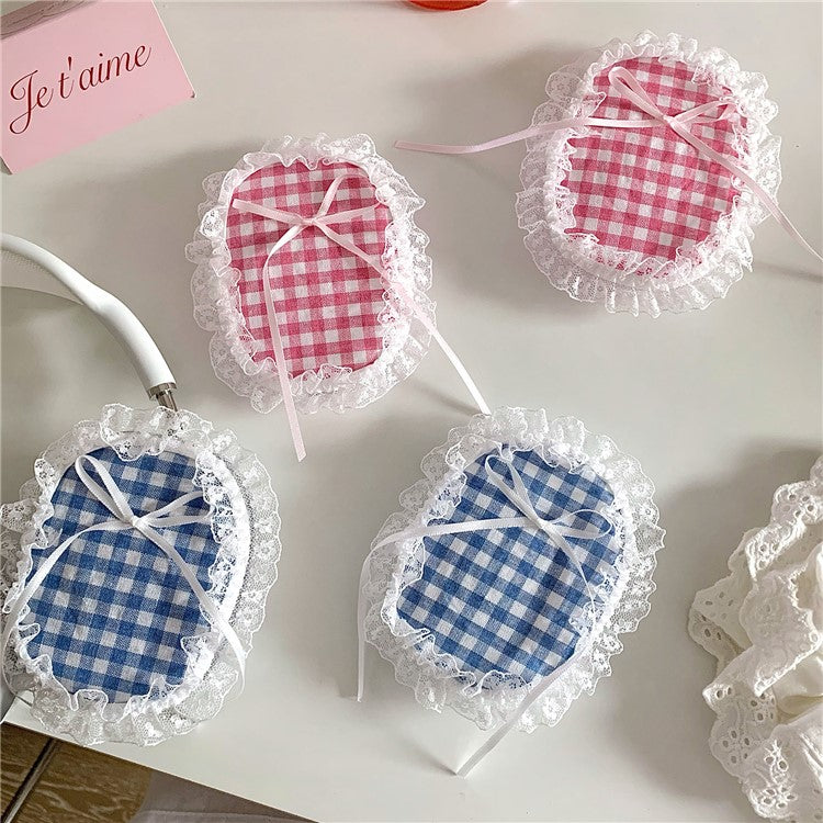 1Pair For AirPods Max Shockproof Case Fabric+TPU Headset Protector Grids Pattern Lace-Edge Design - Blue