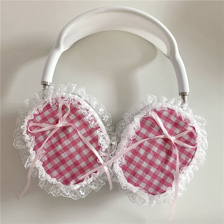 1Pair For AirPods Max Shockproof Case Fabric+TPU Headset Protector Grids Pattern Lace-Edge Design - Red