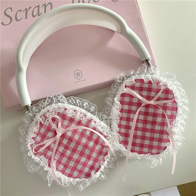 1Pair For AirPods Max Shockproof Case Fabric+TPU Headset Protector Grids Pattern Lace-Edge Design - Red