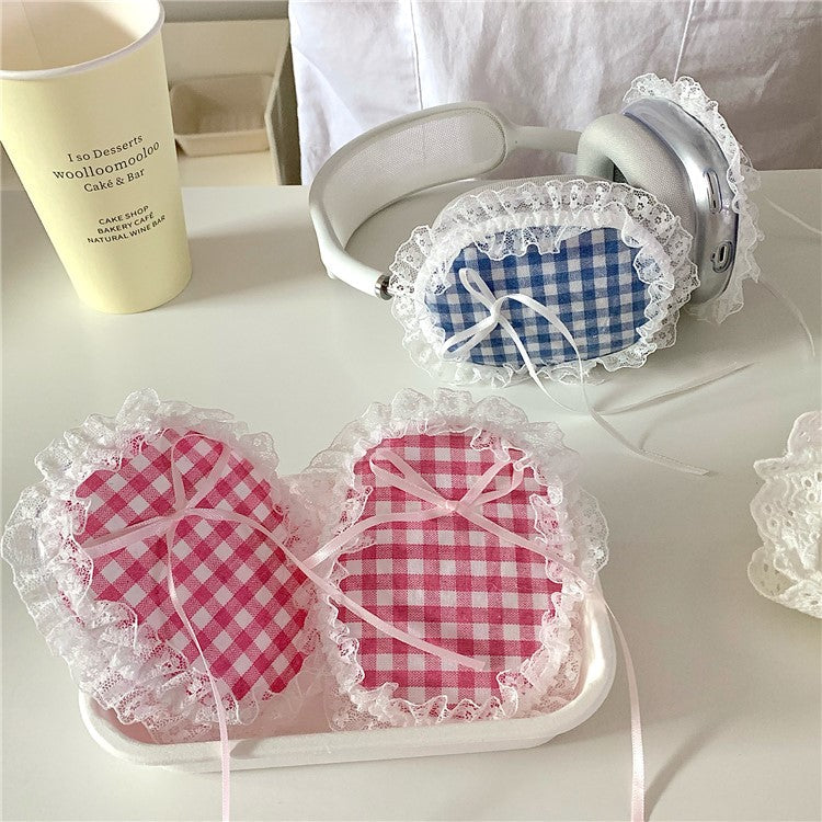 1Pair For AirPods Max Shockproof Case Fabric+TPU Headset Protector Grids Pattern Lace-Edge Design - Red