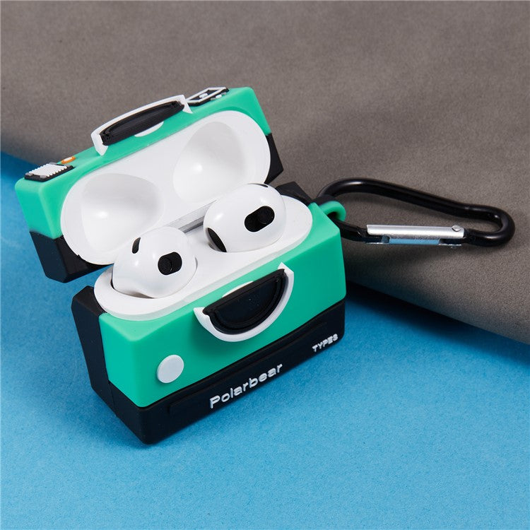 For Apple AirPods 3 Bluetooth Earphones Silicone Cover Green Camera Protective Case with Carabiner