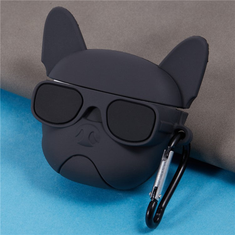 For Apple AirPods Pro Bluetooth Earphones Silicone Cover Bulldog Protective Case with Carabiner - Black