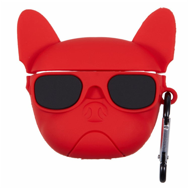 For Apple AirPods Pro Bluetooth Earphones Silicone Cover Bulldog Protective Case with Carabiner - Red