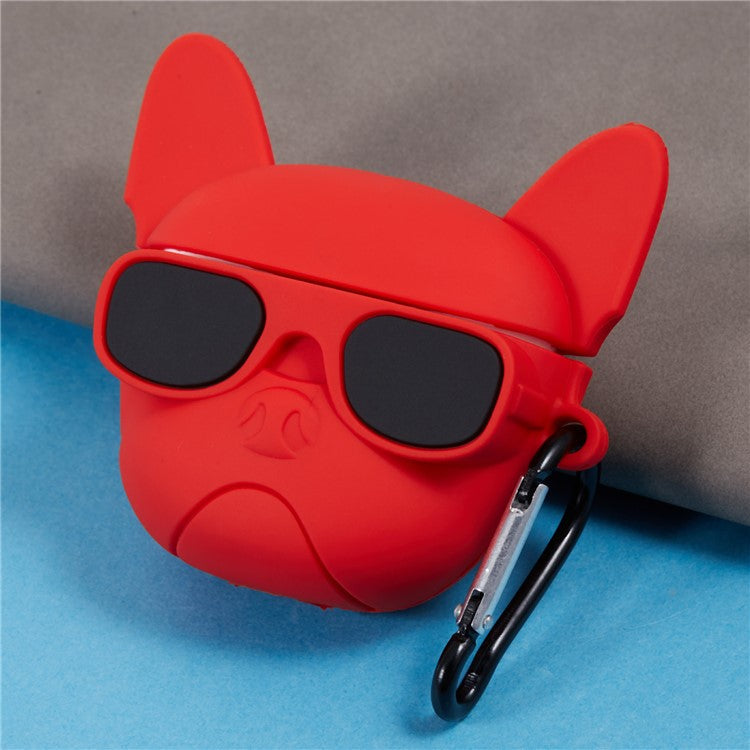 For Apple AirPods Pro Bluetooth Earphones Silicone Cover Bulldog Protective Case with Carabiner - Red