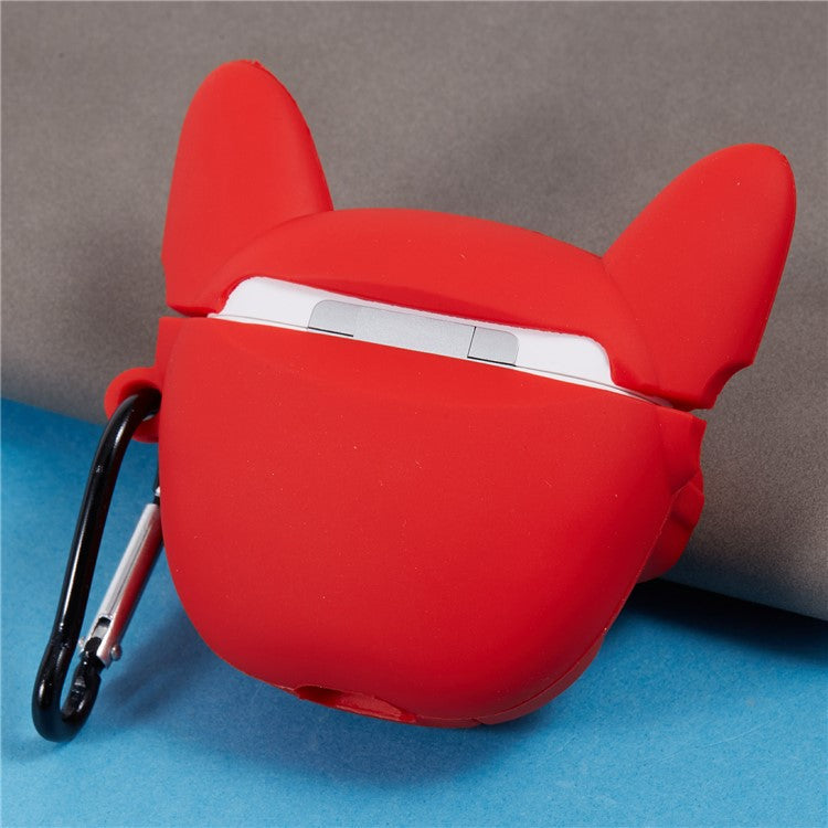 For Apple AirPods Pro Bluetooth Earphones Silicone Cover Bulldog Protective Case with Carabiner - Red