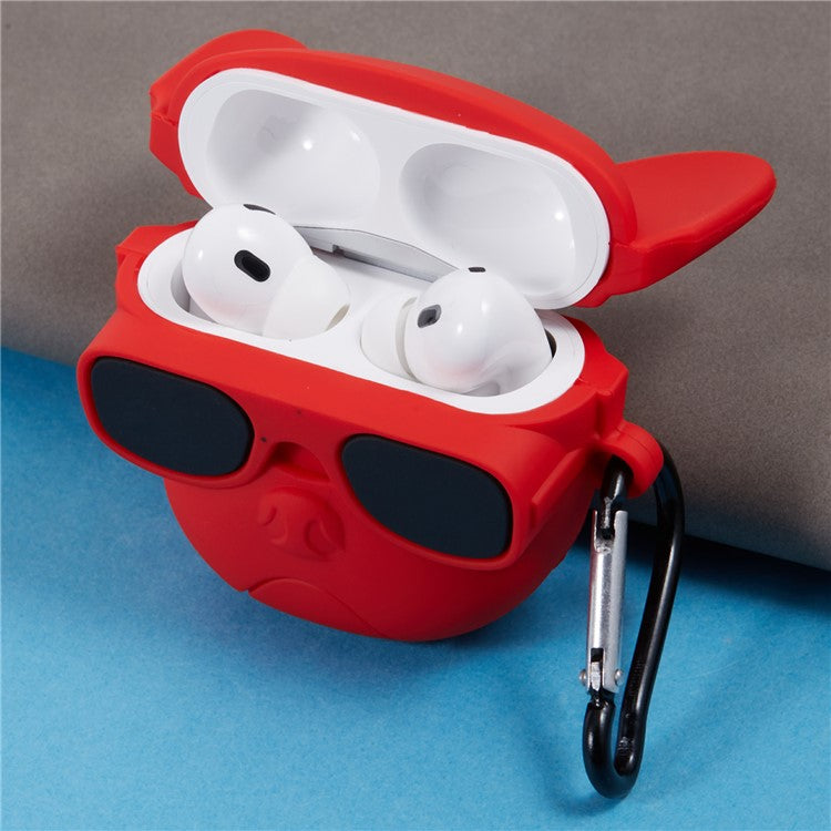 For Apple AirPods Pro Bluetooth Earphones Silicone Cover Bulldog Protective Case with Carabiner - Red
