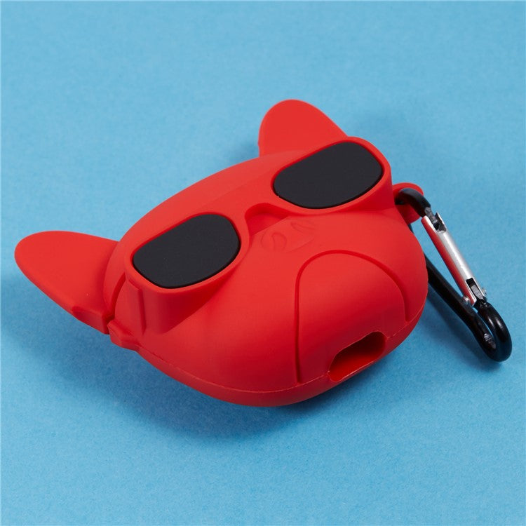 For Apple AirPods Pro Bluetooth Earphones Silicone Cover Bulldog Protective Case with Carabiner - Red