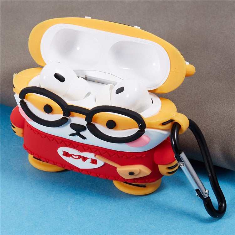 For Apple AirPods Pro Bluetooth Earphones Silicone Cover Cartoon Tiger Protective Case with Carabiner