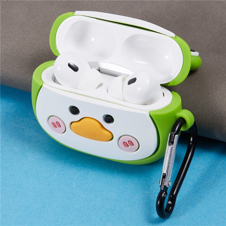 For Apple AirPods Pro Bluetooth Earphones Silicone Cover Big Eyed Frog Protective Case with Carabiner - Green