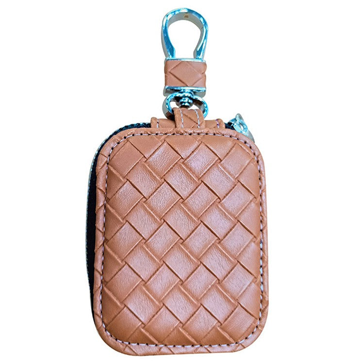For Apple Series Earbud Carrying Case Small PU Leather Woven Pattern Earphone Cover - Light Brown