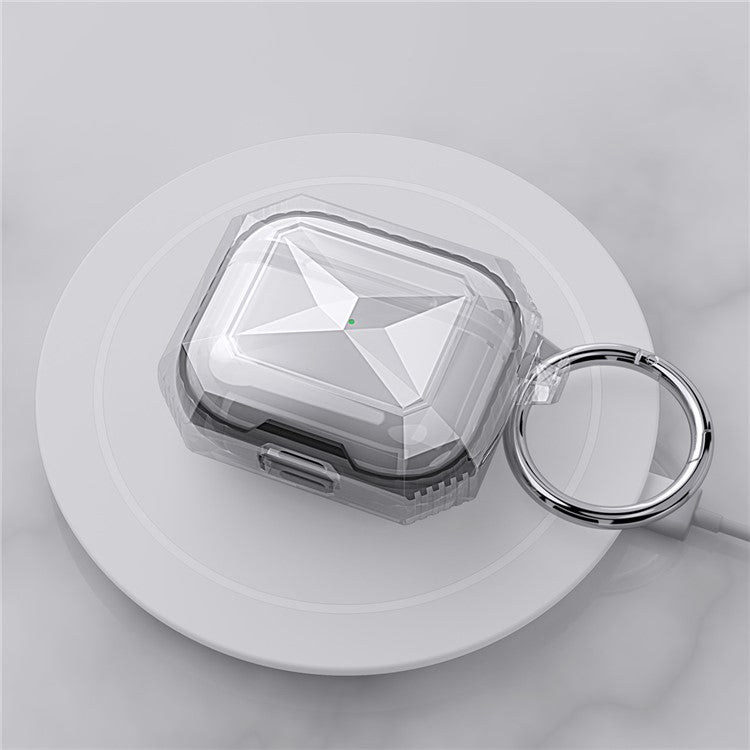 AHASTYLE For AirPods 4 Case Contrast Color TPU Earphone Protective Cover with Carabiner - Transparent+Grey