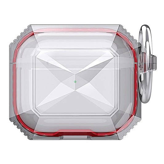 AHASTYLE For AirPods 4 Case Contrast Color TPU Earphone Protective Cover with Carabiner - Transparent+Red