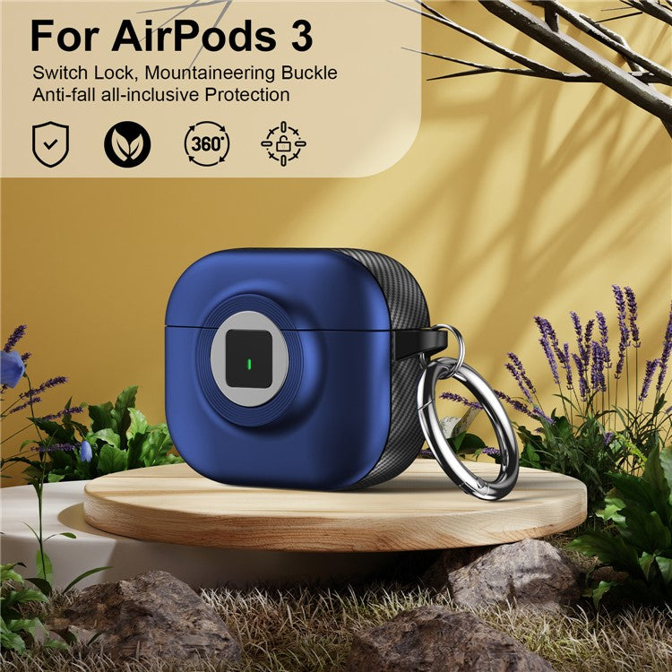 For Apple AirPods 3 Case PC+TPU Flip Earphone Cover with Carabiner and Switch Lock - Blue