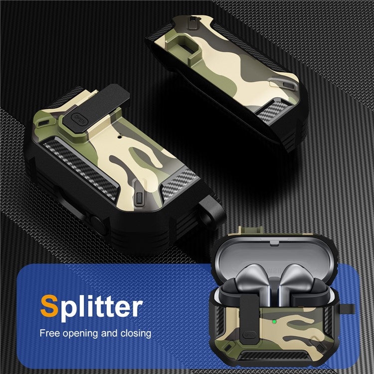 For Samsung Galaxy Buds3 / Galaxy Buds3 Pro TPU + PC Earphone Protective Case Camouflage Earbud Charging Box with Carabiner - Green