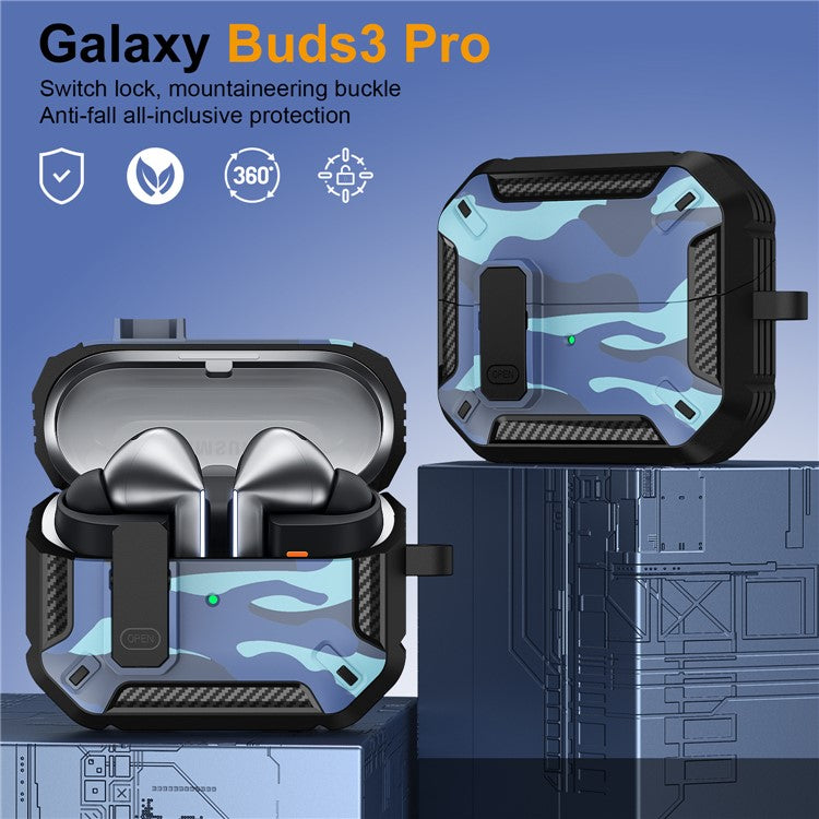 For Samsung Galaxy Buds3 / Galaxy Buds3 Pro TPU + PC Earphone Protective Case Camouflage Earbud Charging Box with Carabiner - Blue