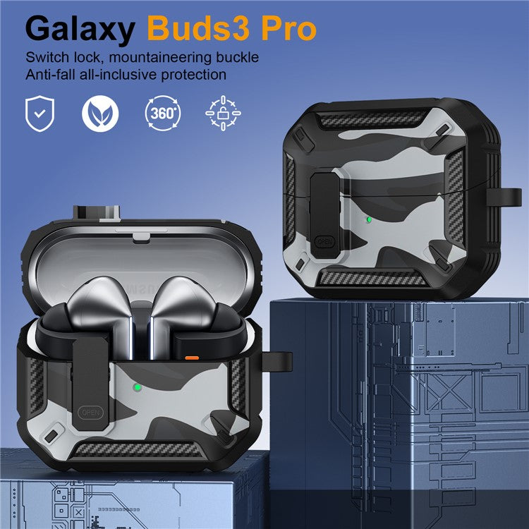 For Samsung Galaxy Buds3 / Galaxy Buds3 Pro TPU + PC Earphone Protective Case Camouflage Earbud Charging Box with Carabiner - Black