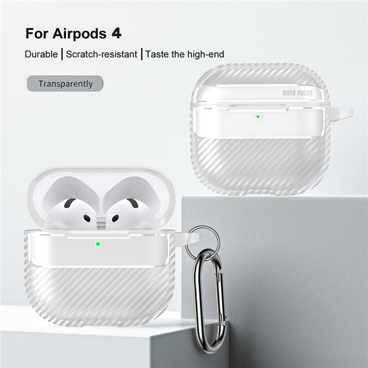 For AirPods 4 Case Carbon Fiber Texture TPU Earbuds Protective Cover with Hook - Transparent