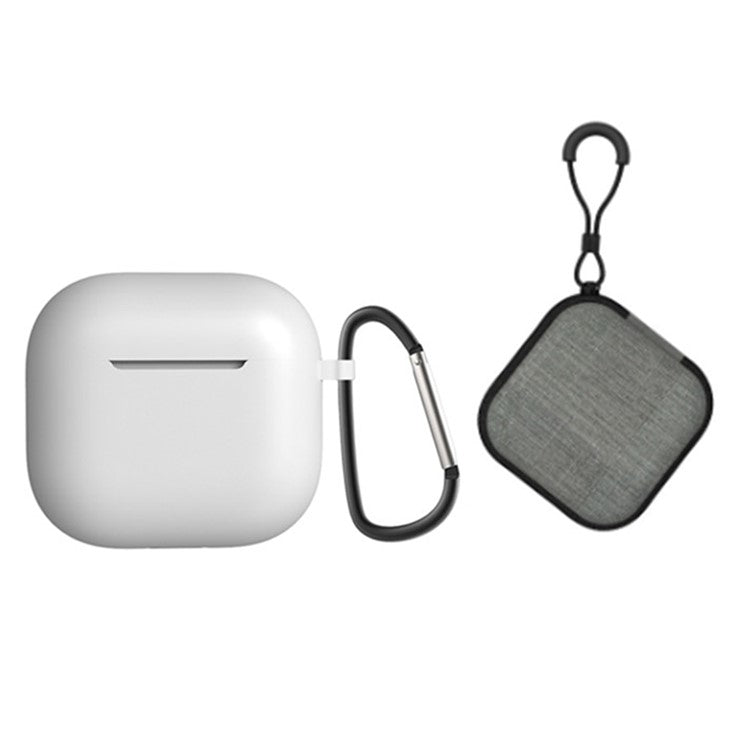For AirPods 4 Portable Silicone Case with Carabiner Headphone Storage Bag Set - White