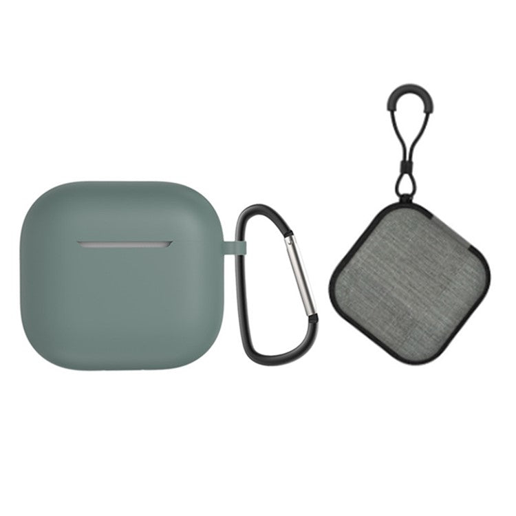 For AirPods 4 Portable Silicone Case with Carabiner Headphone Storage Bag Set - Midnight Green
