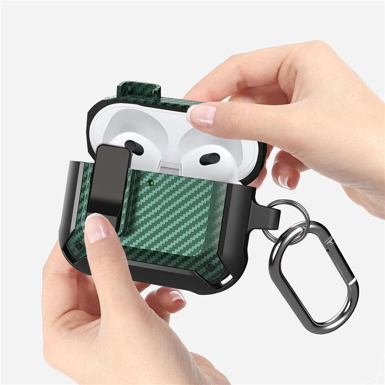 For AirPods 4 Bluetooth Earphone Cover Carbon Fiber Texture TPU+PC Anti-Drop Case with Buckle - White