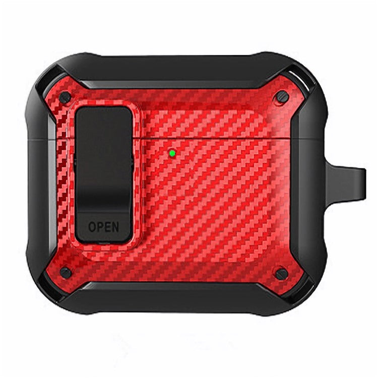 For AirPods 4 Bluetooth Earphone Cover Carbon Fiber Texture TPU+PC Anti-Drop Case with Buckle - Red