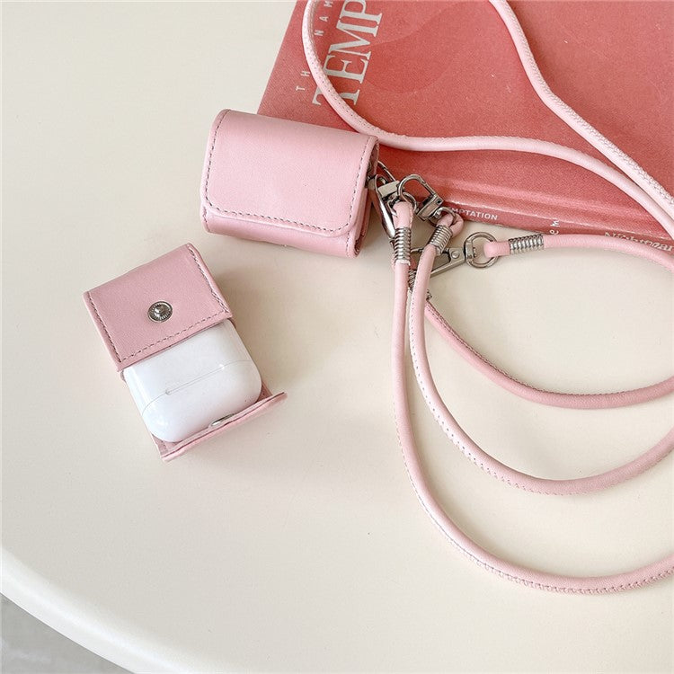 For Apple AirPods 4 / AirPods 3 Charging Case Cover Simple Style Bluetooth Earbuds Case with Shoulder / Wrist Strap - Pink