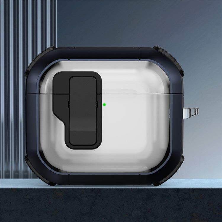 For AirPods 4 Clear Earphone Case Button Lock TPU+PC Rugged Cover with Carabiner - Dark Blue