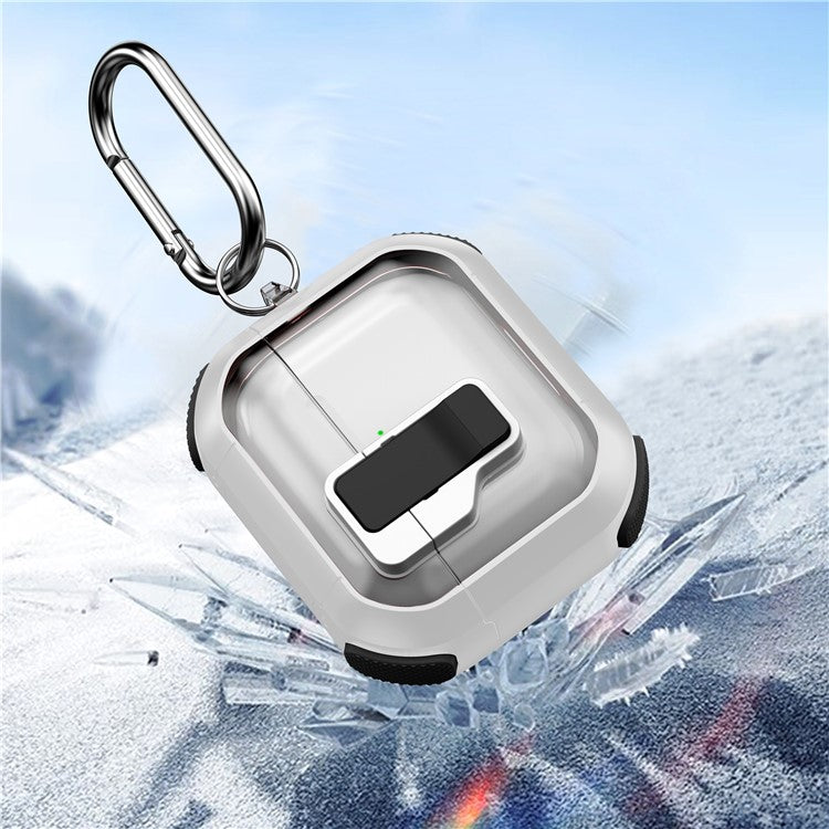 For AirPods 4 Clear Earphone Case Button Lock TPU+PC Rugged Cover with Carabiner - Dark Blue