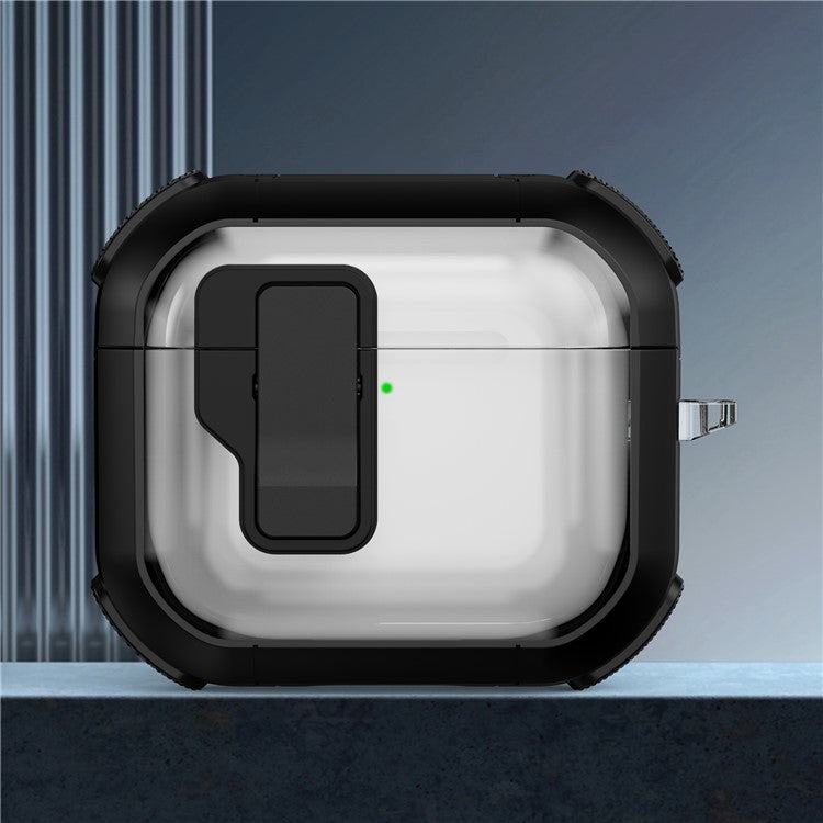 For AirPods 4 Clear Earphone Case Button Lock TPU+PC Rugged Cover with Carabiner - Black