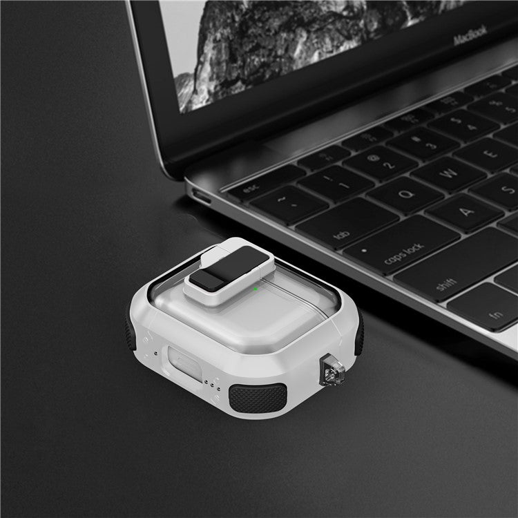 For AirPods 4 Clear Earphone Case Button Lock TPU+PC Rugged Cover with Carabiner - Black