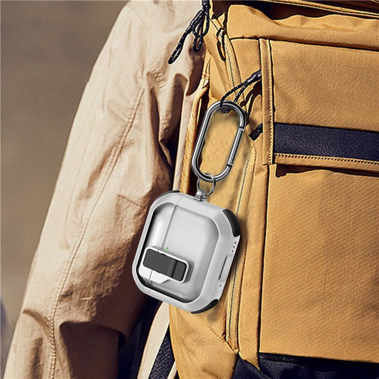 For AirPods 4 Clear Earphone Case Button Lock TPU+PC Rugged Cover with Carabiner - Red