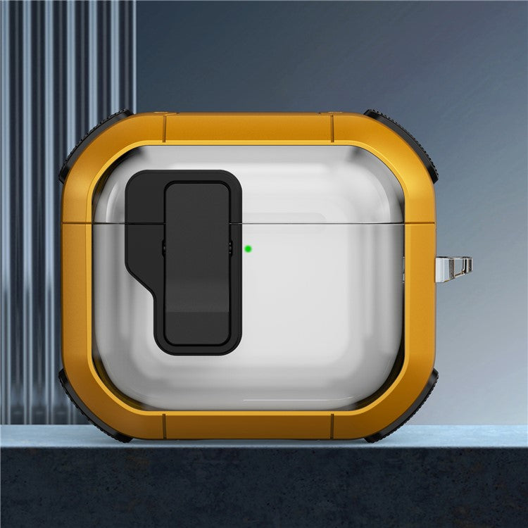 For AirPods 4 Clear Earphone Case Button Lock TPU+PC Rugged Cover with Carabiner - Yellow
