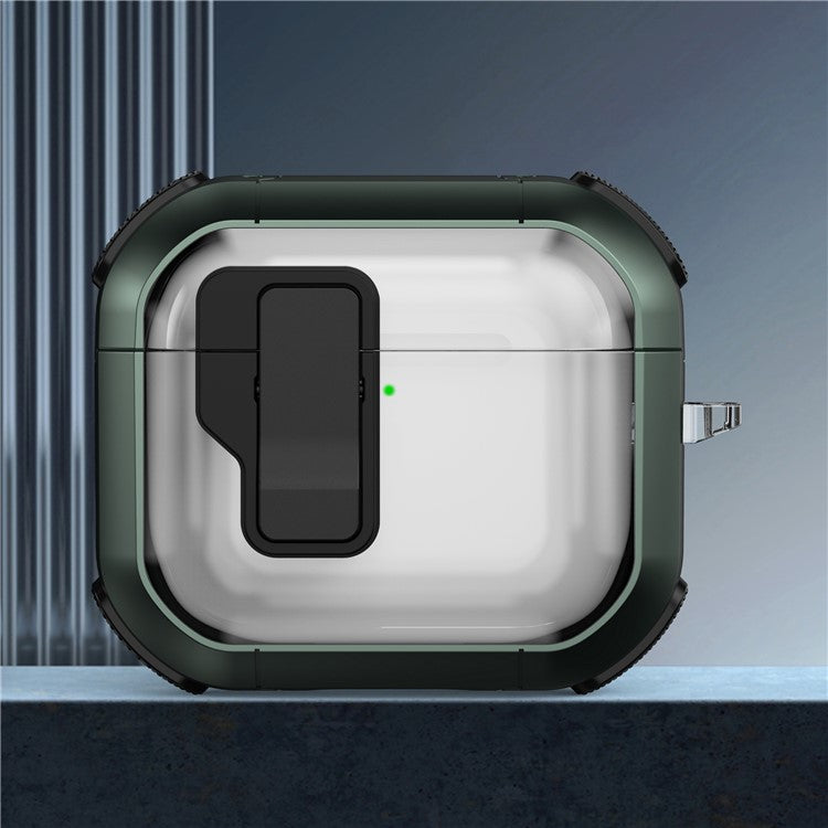 For AirPods 4 Clear Earphone Case Button Lock TPU+PC Rugged Cover with Carabiner - Green