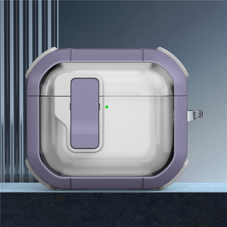 For AirPods 4 Clear Earphone Case Button Lock TPU+PC Rugged Cover with Carabiner - Light Purple