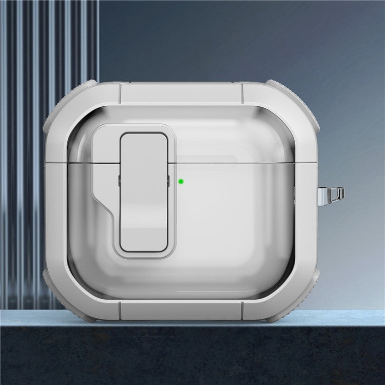 For AirPods 4 Clear Earphone Case Button Lock TPU+PC Rugged Cover with Carabiner - White