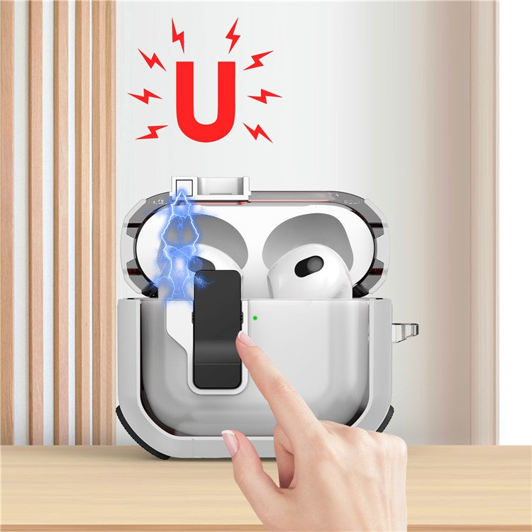 For AirPods 4 Clear Earphone Case Button Lock TPU+PC Rugged Cover with Carabiner - White