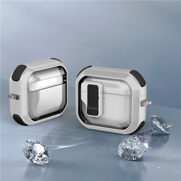 For AirPods 4 Clear Earphone Case Button Lock TPU+PC Rugged Cover with Carabiner - White