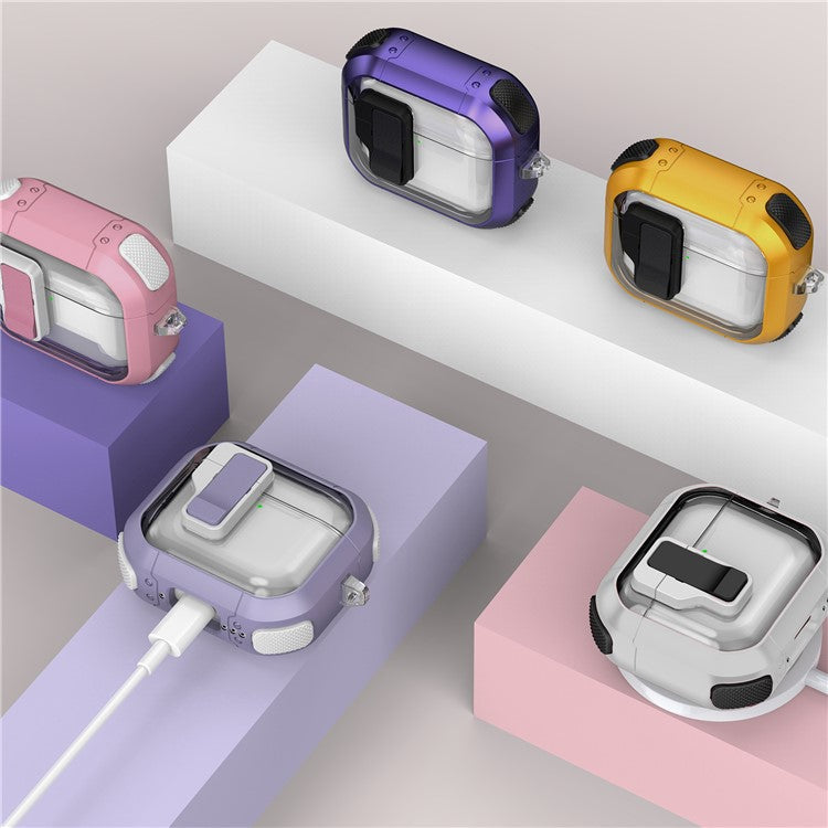 For AirPods 4 Clear Earphone Case Button Lock TPU+PC Rugged Cover with Carabiner - Dark Purple