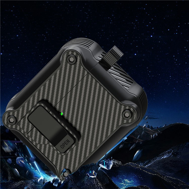 For AirPods 4 Case TPU+PC Carbon Fiber Texture Bluetooth Earbuds Cover with Carabiner - Black
