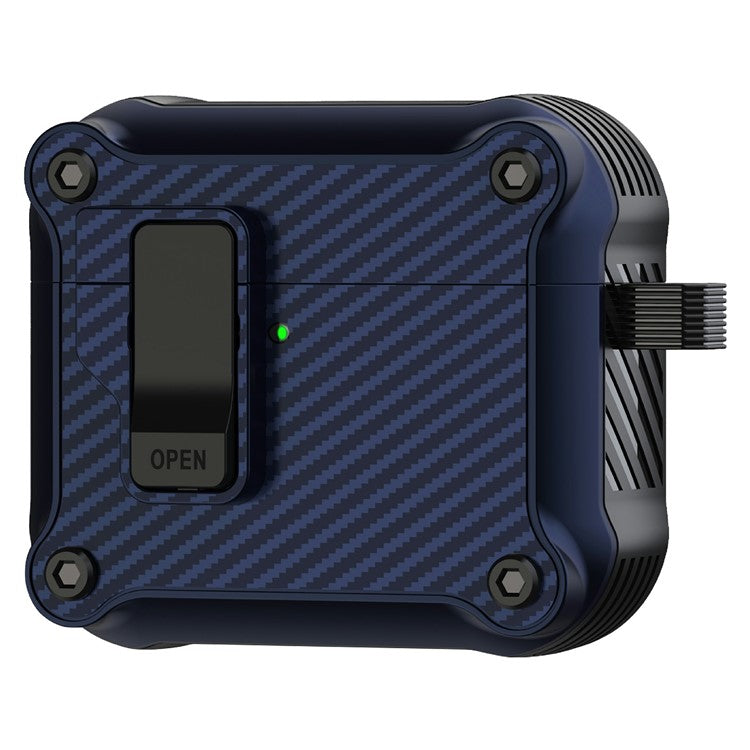 For AirPods 4 Case TPU+PC Carbon Fiber Texture Bluetooth Earbuds Cover with Carabiner - Dark Blue