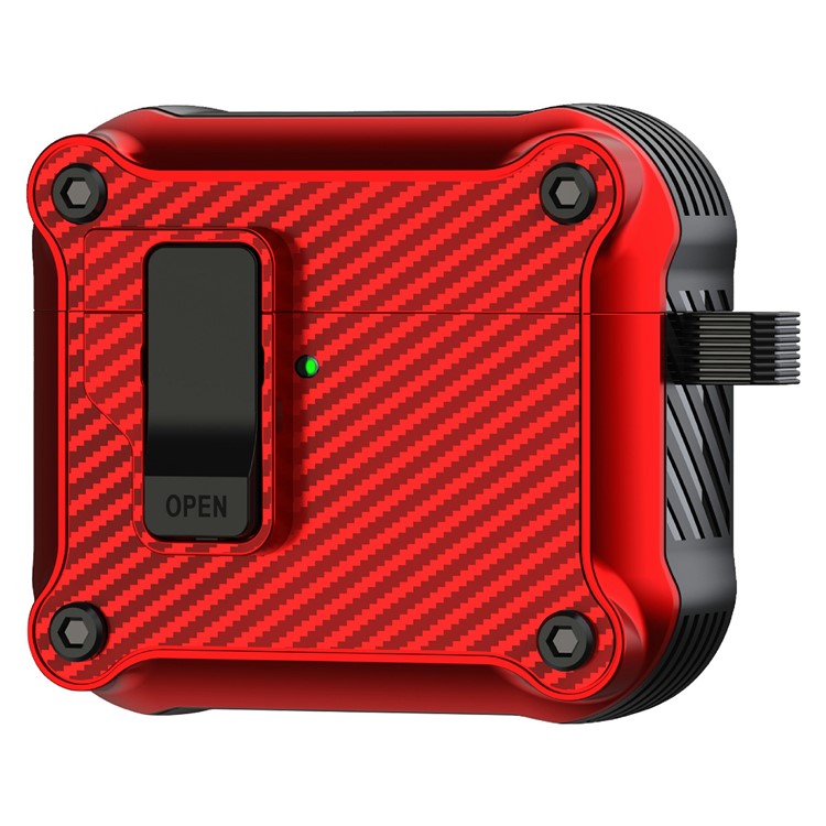 For AirPods 4 Case TPU+PC Carbon Fiber Texture Bluetooth Earbuds Cover with Carabiner - Red
