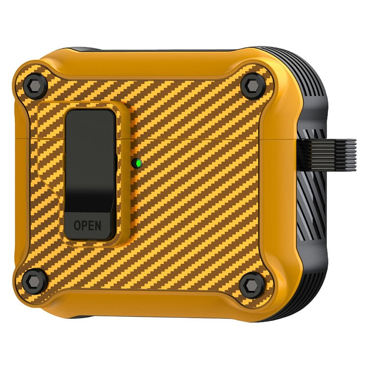 For AirPods 4 Case TPU+PC Carbon Fiber Texture Bluetooth Earbuds Cover with Carabiner - Yellow