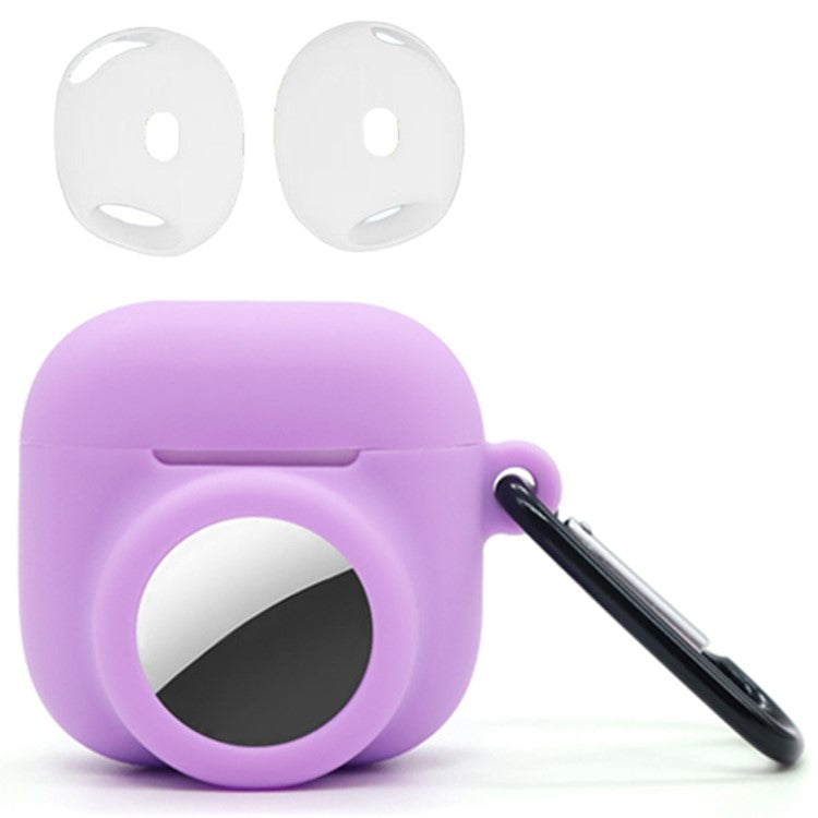 Silicone Case Combo Set for Apple AirPods 4 / AirTag Cover with 2Pcs Earphone Cap and Carabiner - Purple