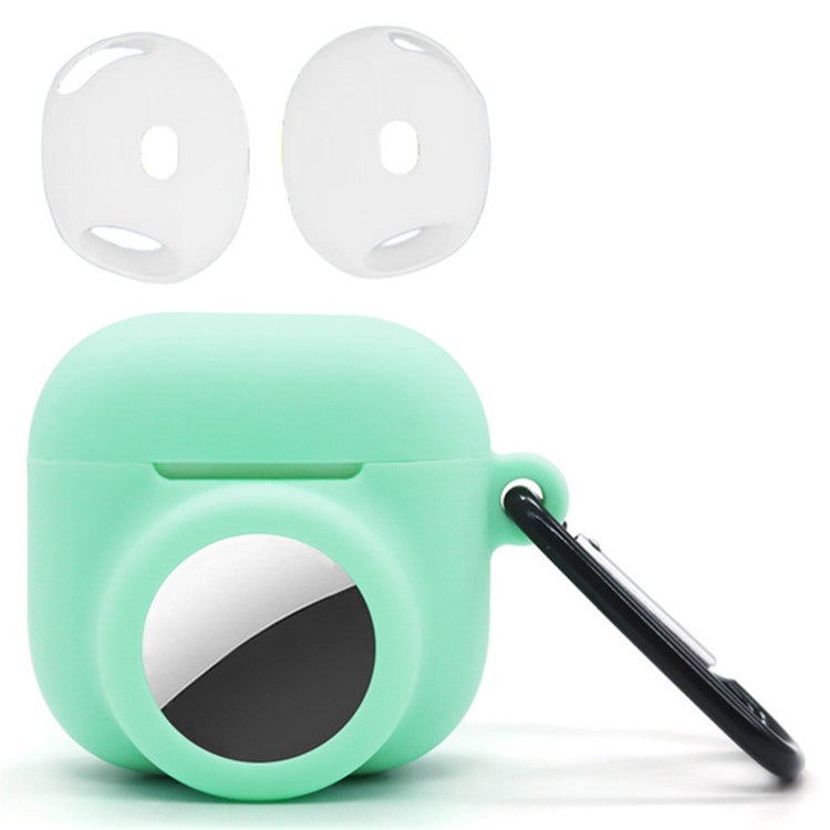 Silicone Case Combo Set for Apple AirPods 4 / AirTag Cover with 2Pcs Earphone Cap and Carabiner - Mint Green