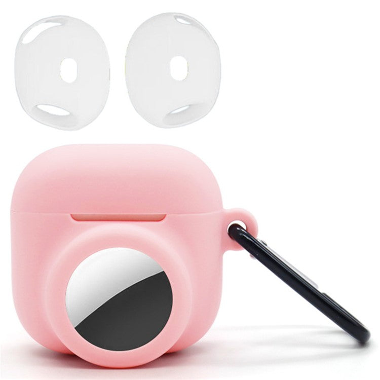 Silicone Case Combo Set for Apple AirPods 4 / AirTag Cover with 2Pcs Earphone Cap and Carabiner - Pink