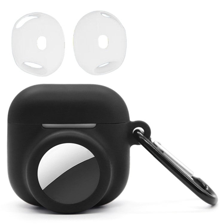 Silicone Case Combo Set for Apple AirPods 4 / AirTag Cover with 2Pcs Earphone Cap and Carabiner - Black