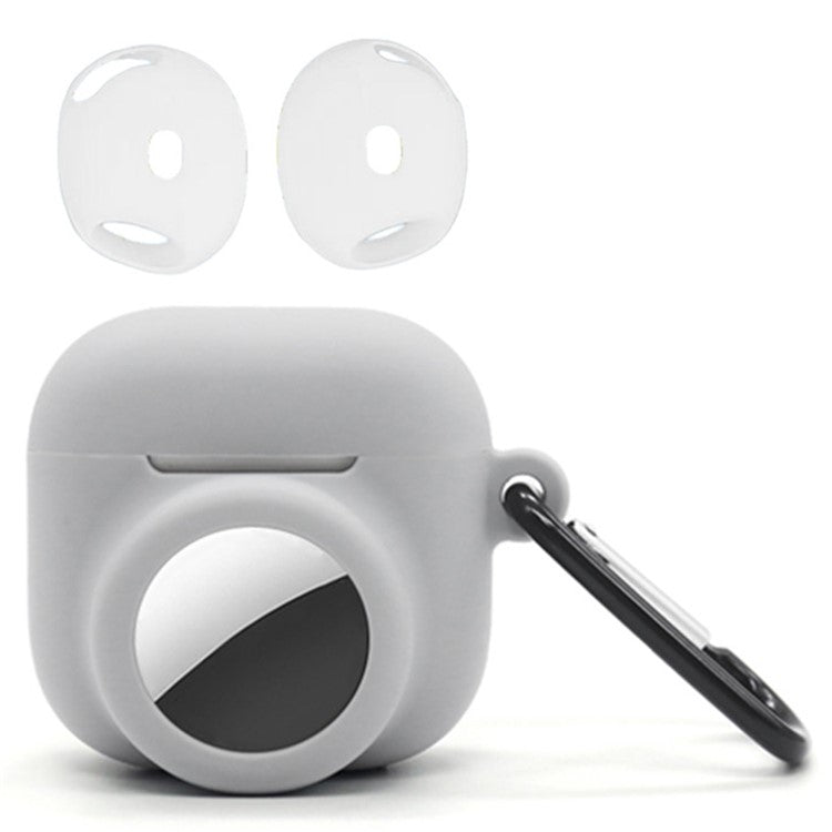 Silicone Case Combo Set for Apple AirPods 4 / AirTag Cover with 2Pcs Earphone Cap and Carabiner - Grey