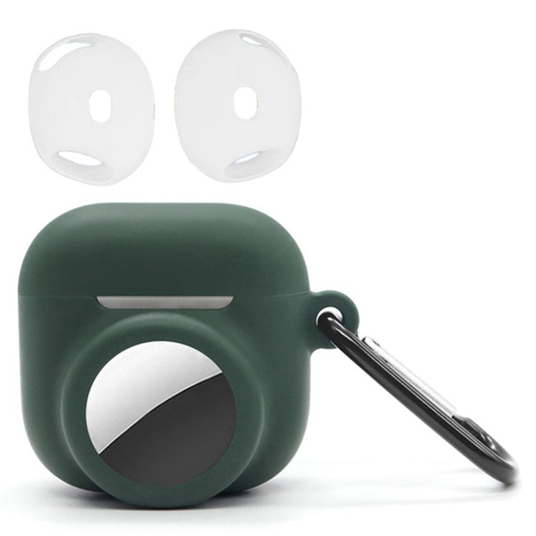 Silicone Case Combo Set for Apple AirPods 4 / AirTag Cover with 2Pcs Earphone Cap and Carabiner - Blackish Green